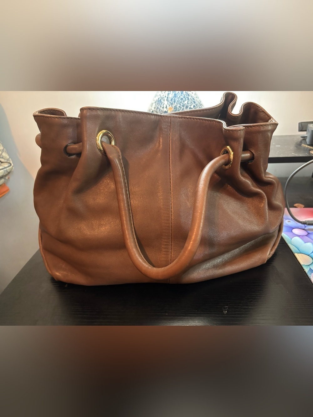 Furla Carmen Vintage Leather Shoulder Bag Tote – Rich Brown / Gold Hardware - Picture 5 of 15